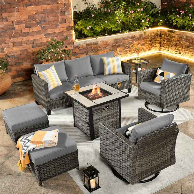 Lullaby 7 -Piece Rattan Patio Sofa Conversation Set with Gray Cushions