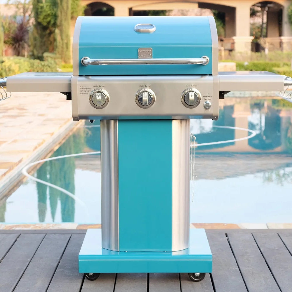 3-Burner Gas Grill, Outdoor BBQ Grill, Propane Grill with Foldable Side Tables, Teal Green