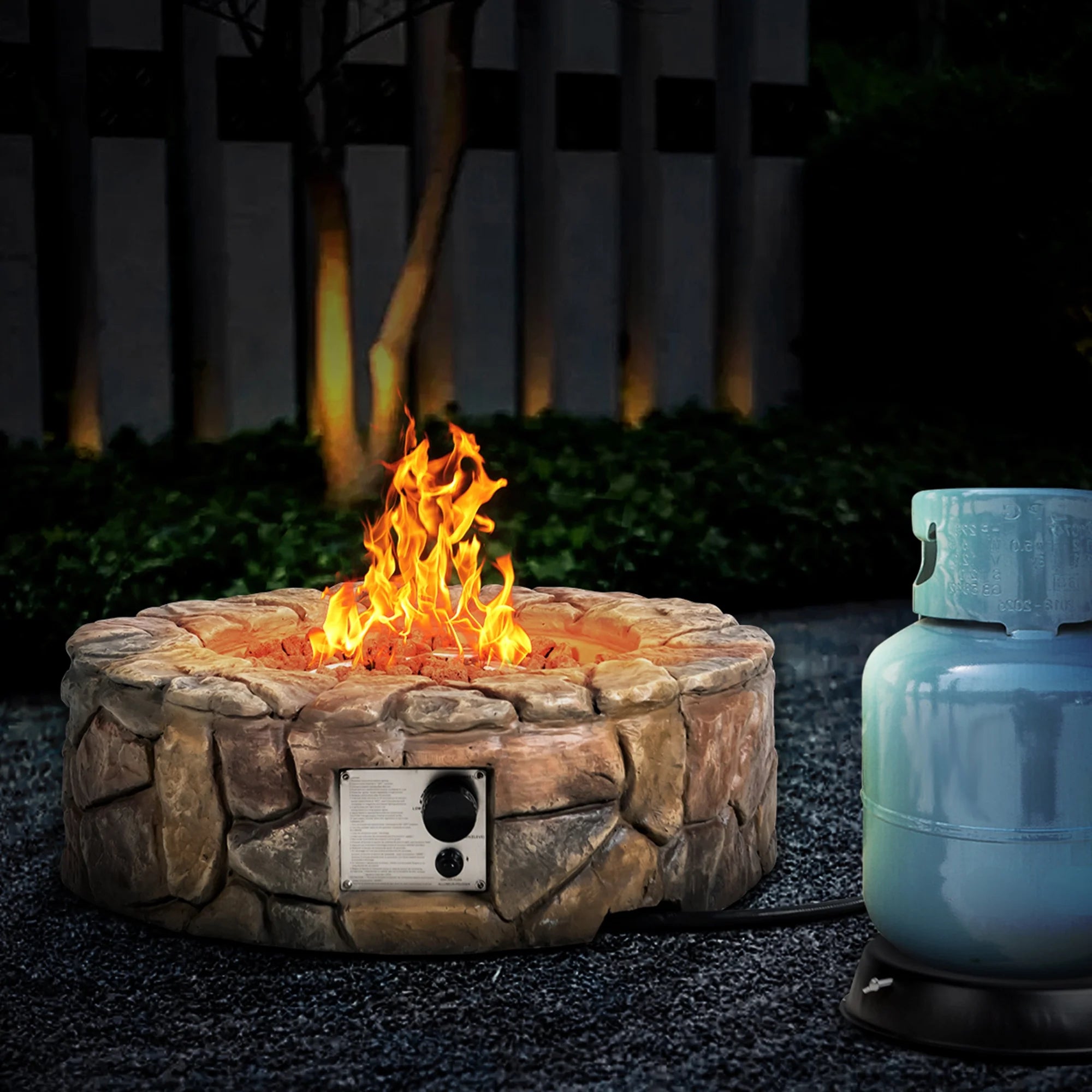 28-Inch Stone Gas Fire Pit 40,000 BTU Propane Patio Yard W/ Lava Rocks