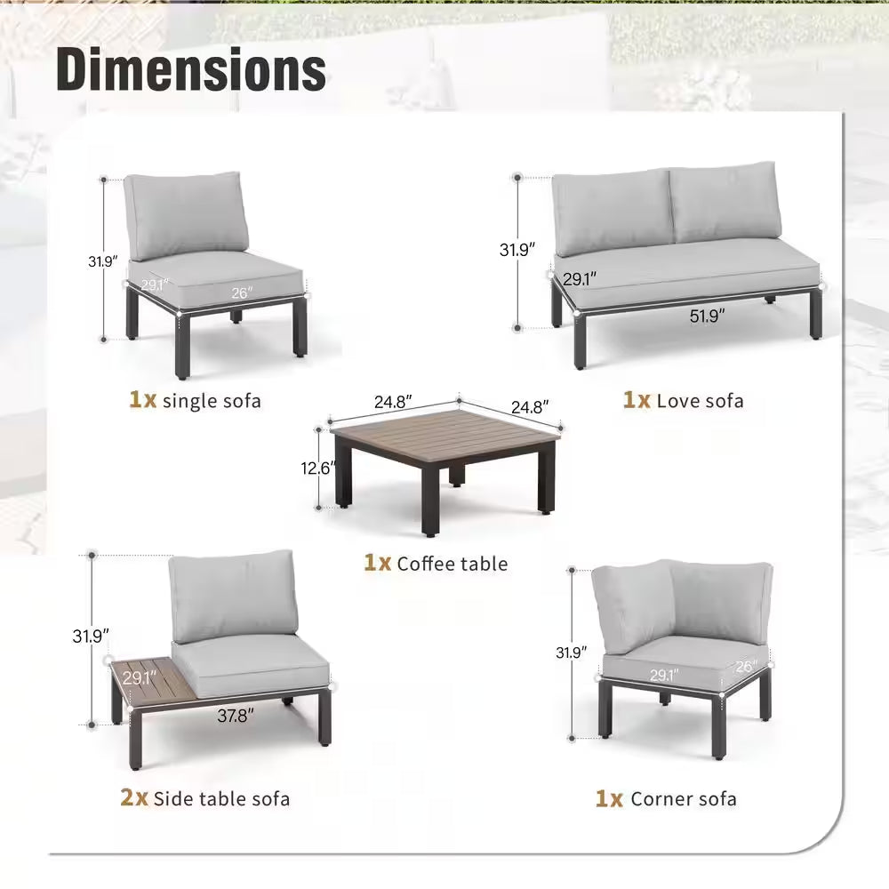 6 -Seat 6-Piece Metal Outdoor Patio Conversation Sectional -Seating Set with Light Gray Cushions and Coffee Table
