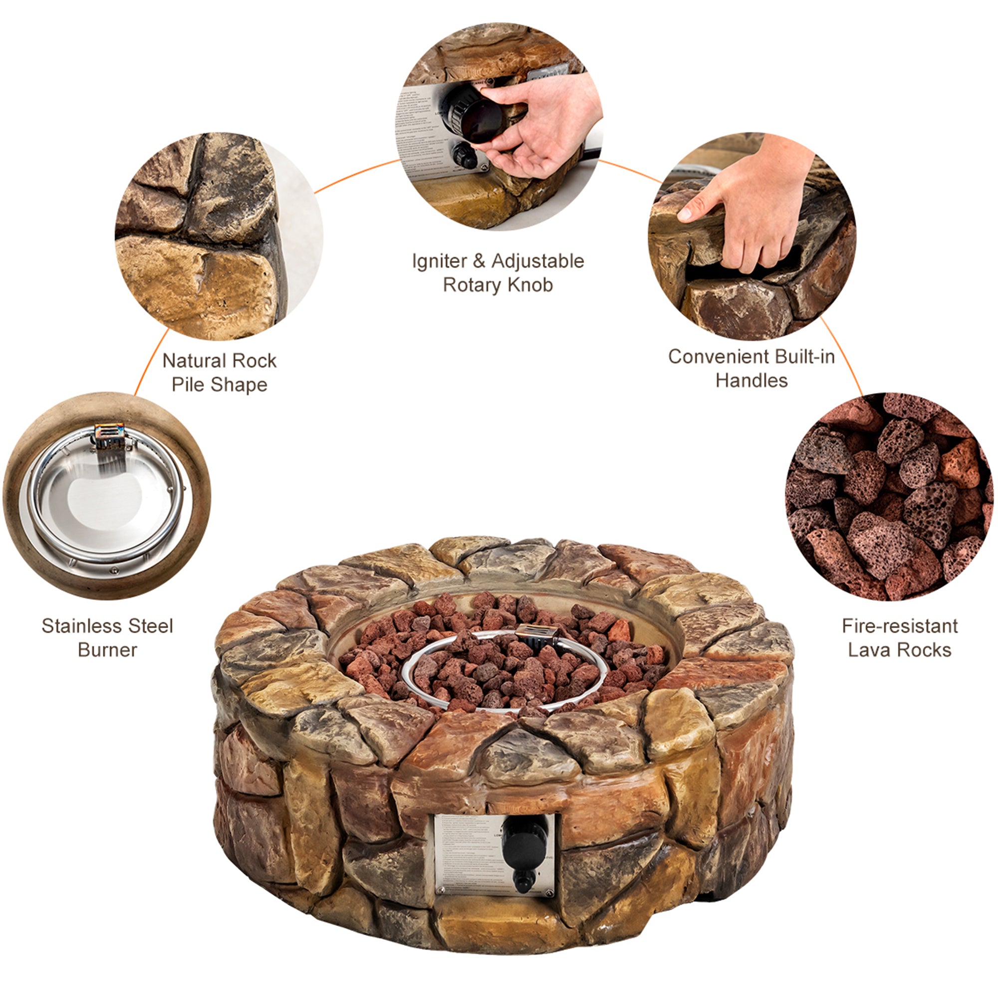 28-Inch Stone Gas Fire Pit 40,000 BTU Propane Patio Yard W/ Lava Rocks