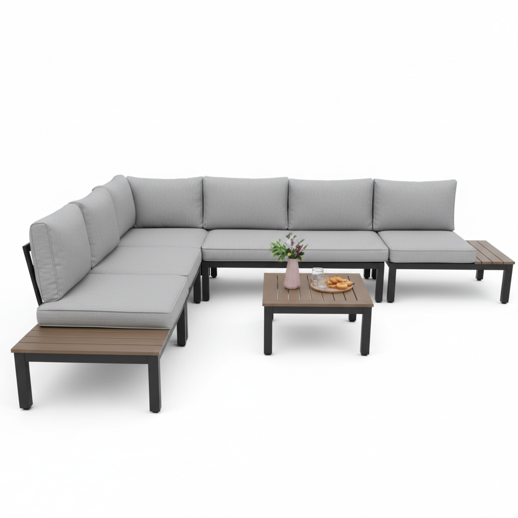 6 -Seat 6-Piece Metal Outdoor Patio Conversation Sectional -Seating Set with Light Gray Cushions and Coffee Table