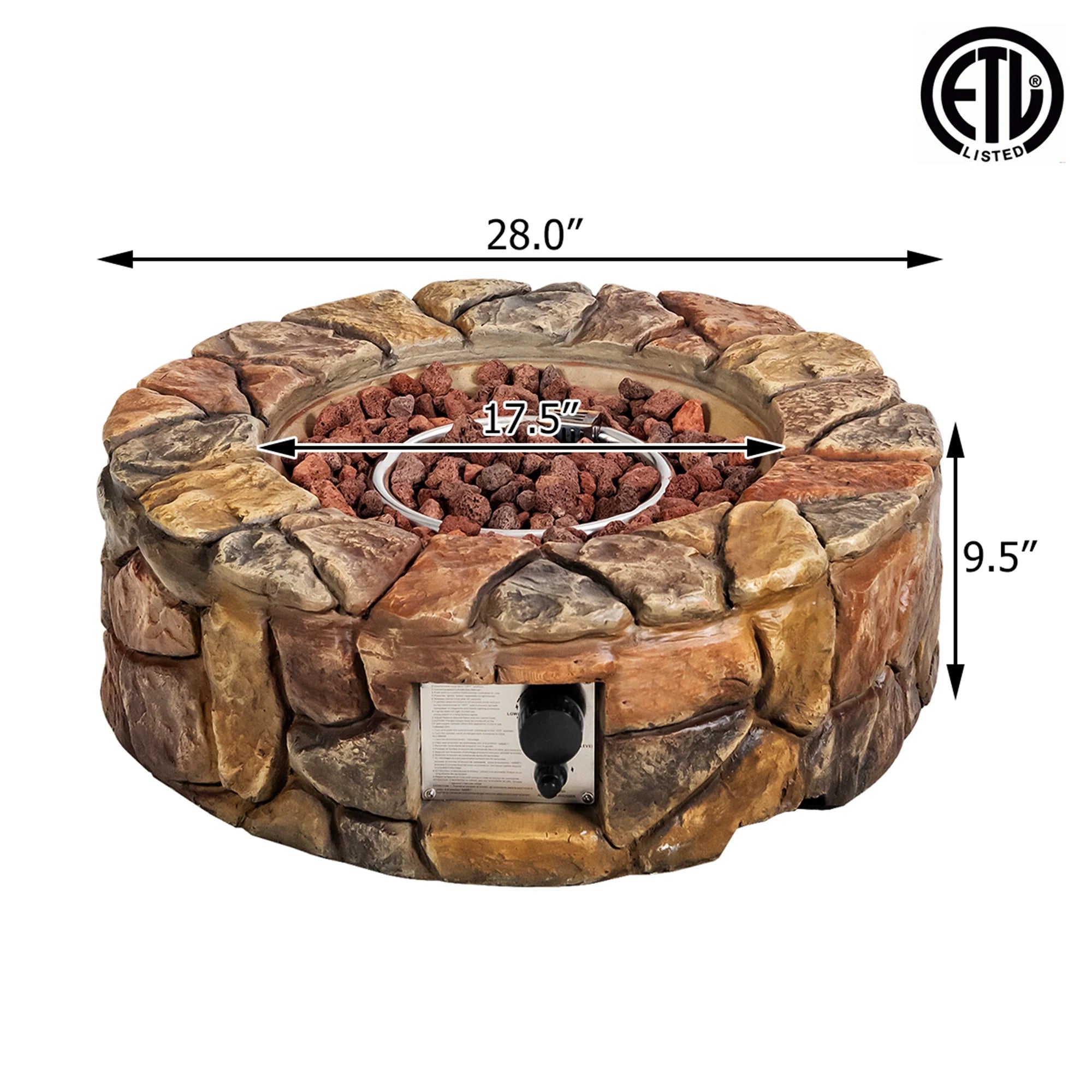 28-Inch Stone Gas Fire Pit 40,000 BTU Propane Patio Yard W/ Lava Rocks