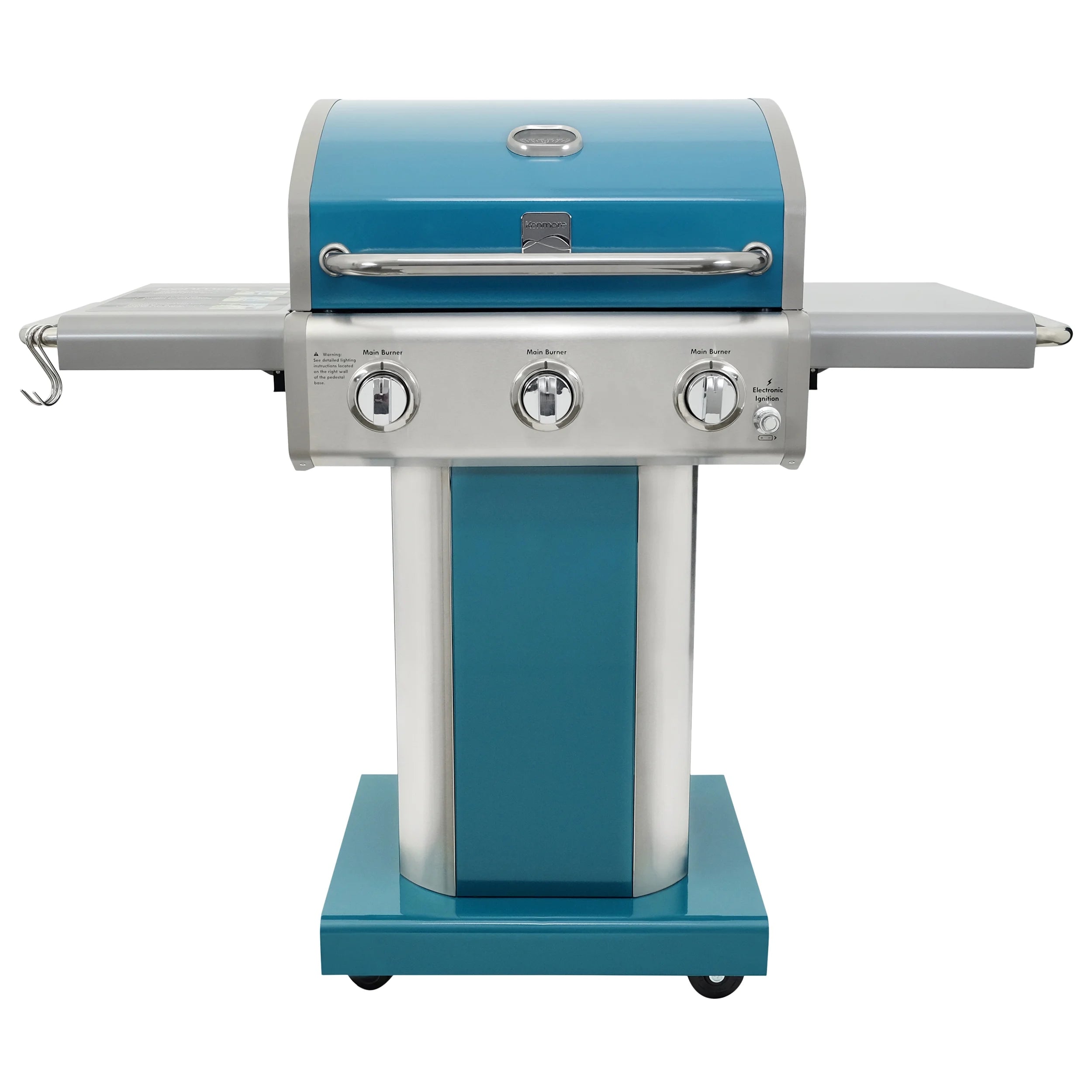3-Burner Gas Grill, Outdoor BBQ Grill, Propane Grill with Foldable Side Tables, Teal Green