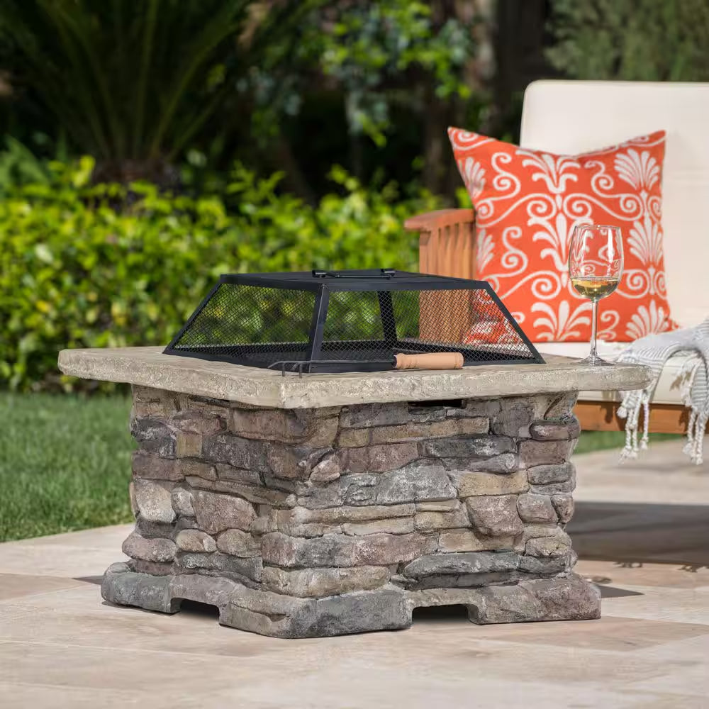 28.75 In. W X 22 In. H Stone Square Wood Burning Outdoor Fire Pit in Stone Gray