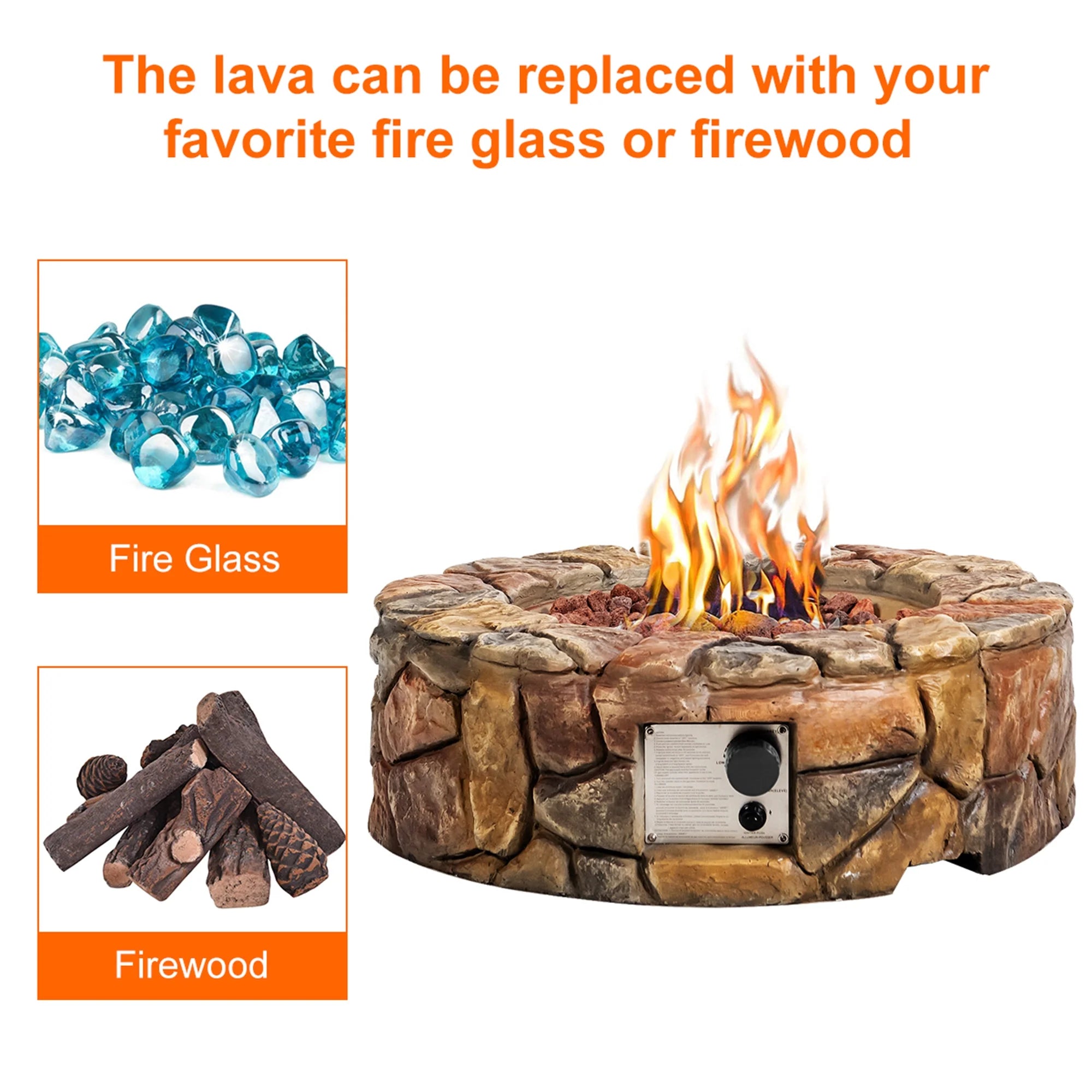 28-Inch Stone Gas Fire Pit 40,000 BTU Propane Patio Yard W/ Lava Rocks