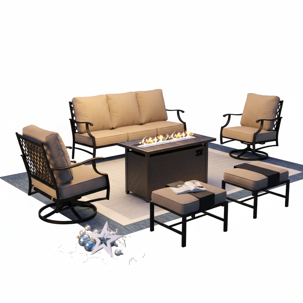 Black Metal Meshed 7 Seat 6-Piece Steel Outdoor Fire Pit Patio Set with Beige Cushions, Black Rectangular Fire Pit Table