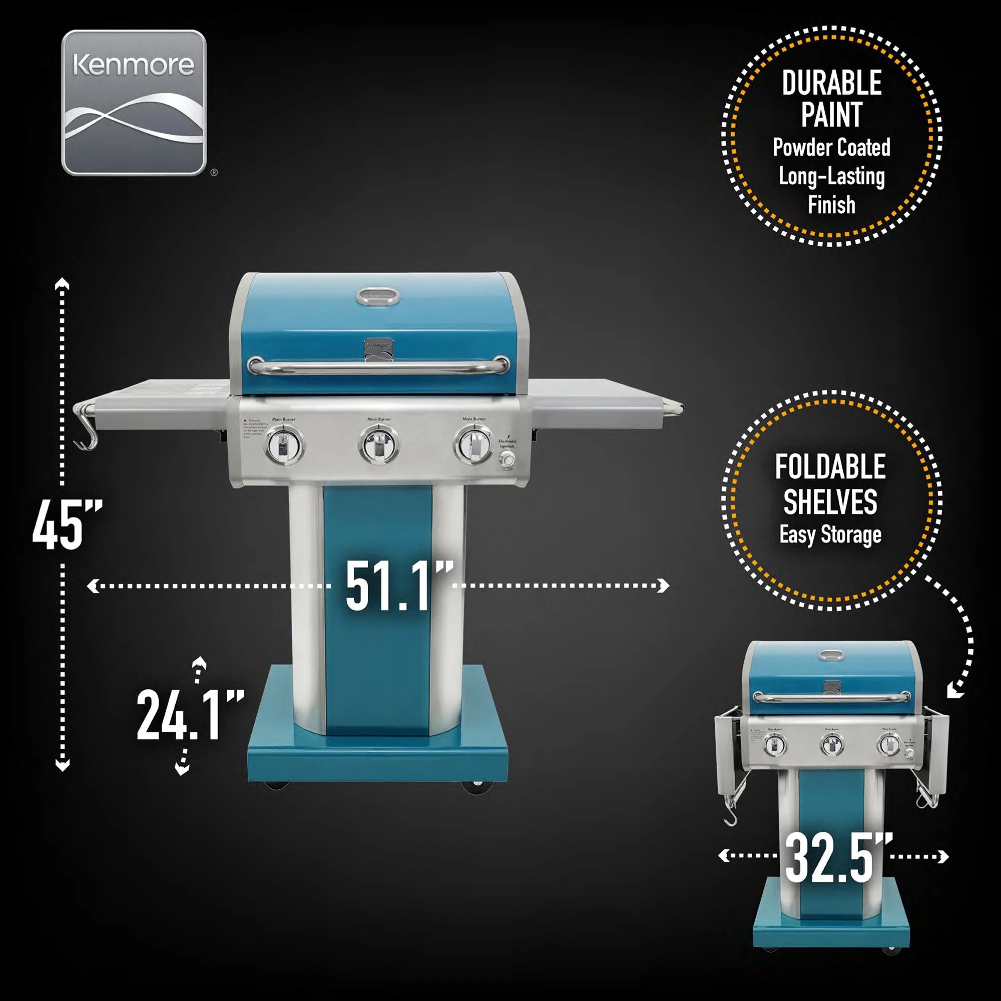 3-Burner Gas Grill, Outdoor BBQ Grill, Propane Grill with Foldable Side Tables, Teal Green