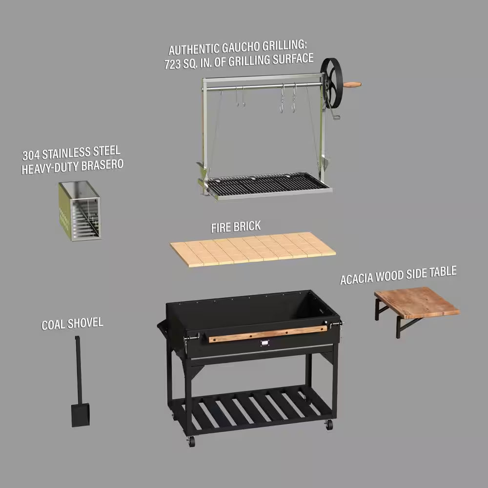 Santa Maria Argentine BBQ Charcoal Grill in Black with Acacia Wood Side Table, Stainless Steel Grate Frame & Cover