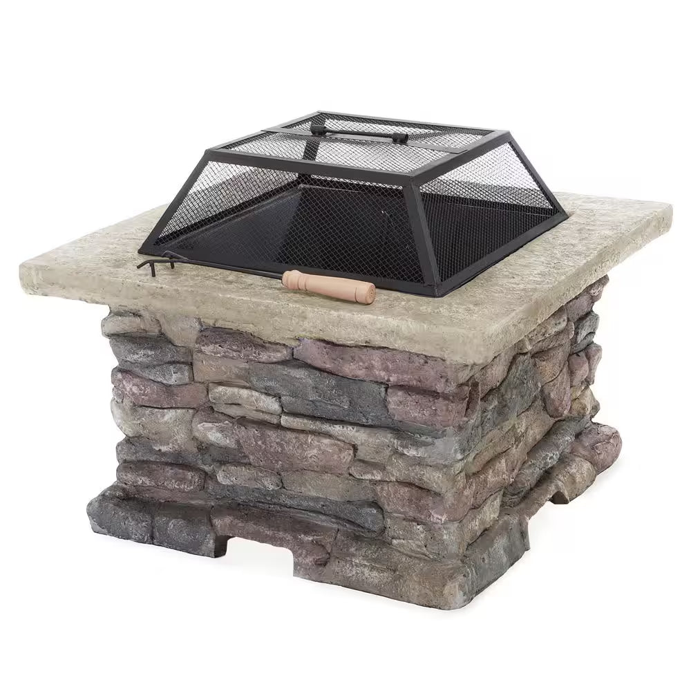 28.75 In. W X 22 In. H Stone Square Wood Burning Outdoor Fire Pit in Stone Gray