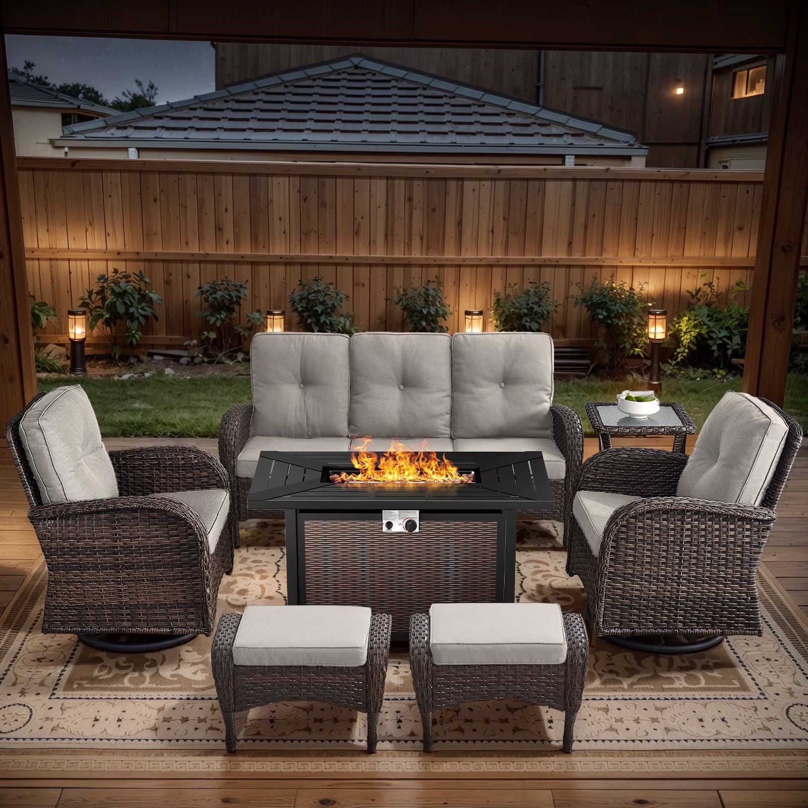 7 Piece Outdoor Patio Furniture Set, Patio Furniture Set with Fire Pit Table Rattan Wicker Patio Furniture Set, Brown Wicker & Beige Cushion