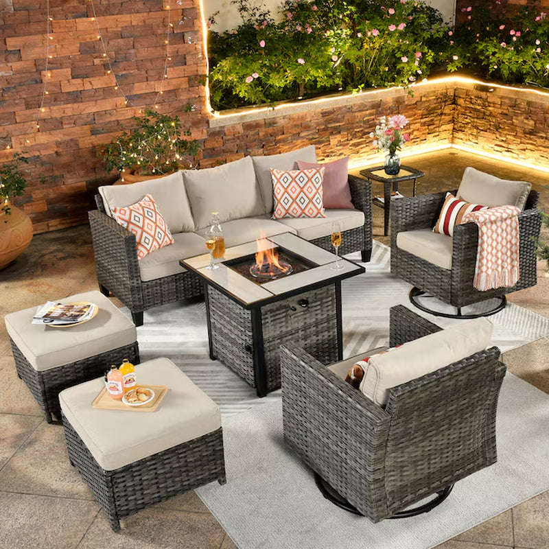 Lullaby 7 -Piece Rattan Patio Sofa Conversation Set with Gray Cushions