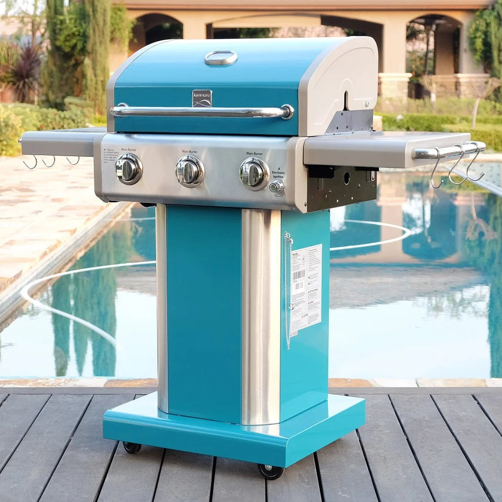 3-Burner Gas Grill, Outdoor BBQ Grill, Propane Grill with Foldable Side Tables, Teal Green