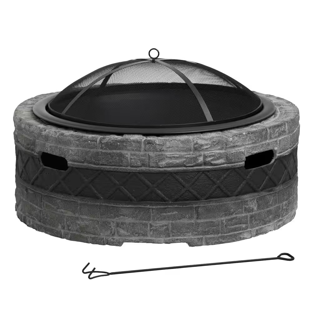 35 In. Outdoor Wood Burning Fire Pits, Cast Stone Fire Pit with Steel Mesh Spark Screen and Fire Poker