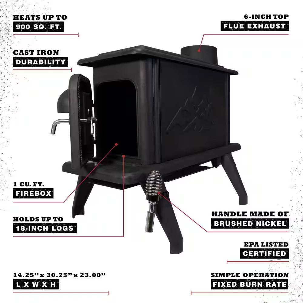 Cast Iron Single Burn Rate Erie Wood Stove - Heats 900 Sq. Ft.