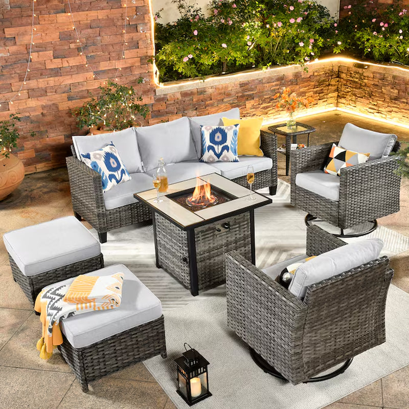 Lullaby 7 -Piece Rattan Patio Sofa Conversation Set with Gray Cushions