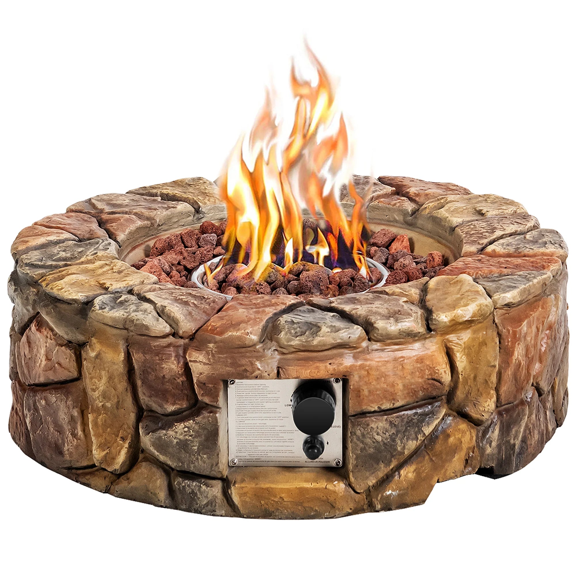 28-Inch Stone Gas Fire Pit 40,000 BTU Propane Patio Yard W/ Lava Rocks