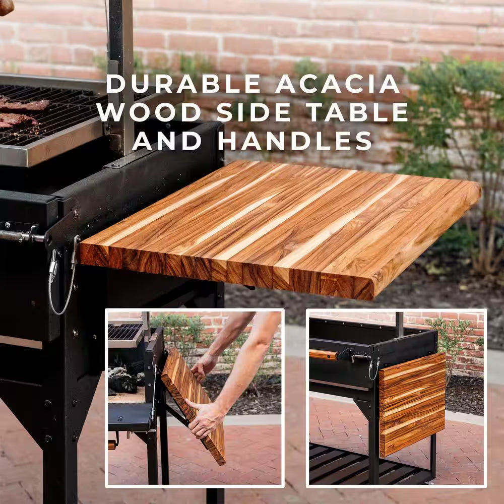 Santa Maria Argentine BBQ Charcoal Grill in Black with Acacia Wood Side Table, Stainless Steel Grate Frame & Cover