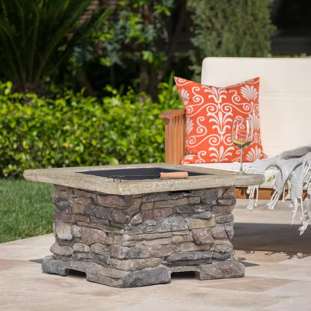28.75 In. W X 22 In. H Stone Square Wood Burning Outdoor Fire Pit in Stone Gray