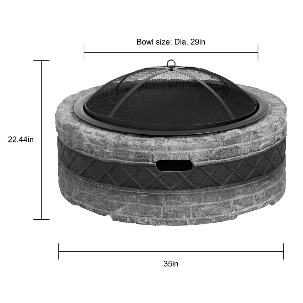 35 In. Outdoor Wood Burning Fire Pits, Cast Stone Fire Pit with Steel Mesh Spark Screen and Fire Poker