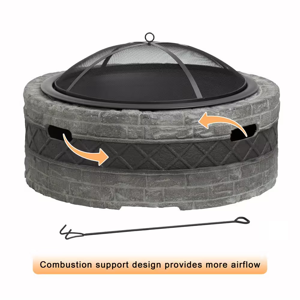 35 In. Outdoor Wood Burning Fire Pits, Cast Stone Fire Pit with Steel Mesh Spark Screen and Fire Poker