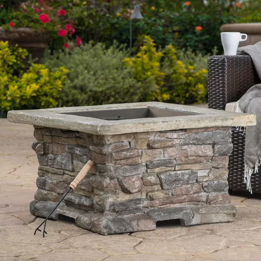 28.75 In. W X 22 In. H Stone Square Wood Burning Outdoor Fire Pit in Stone Gray