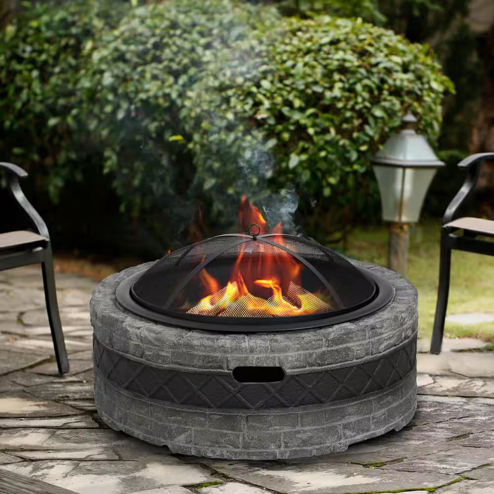 35 In. Outdoor Wood Burning Fire Pits, Cast Stone Fire Pit with Steel Mesh Spark Screen and Fire Poker
