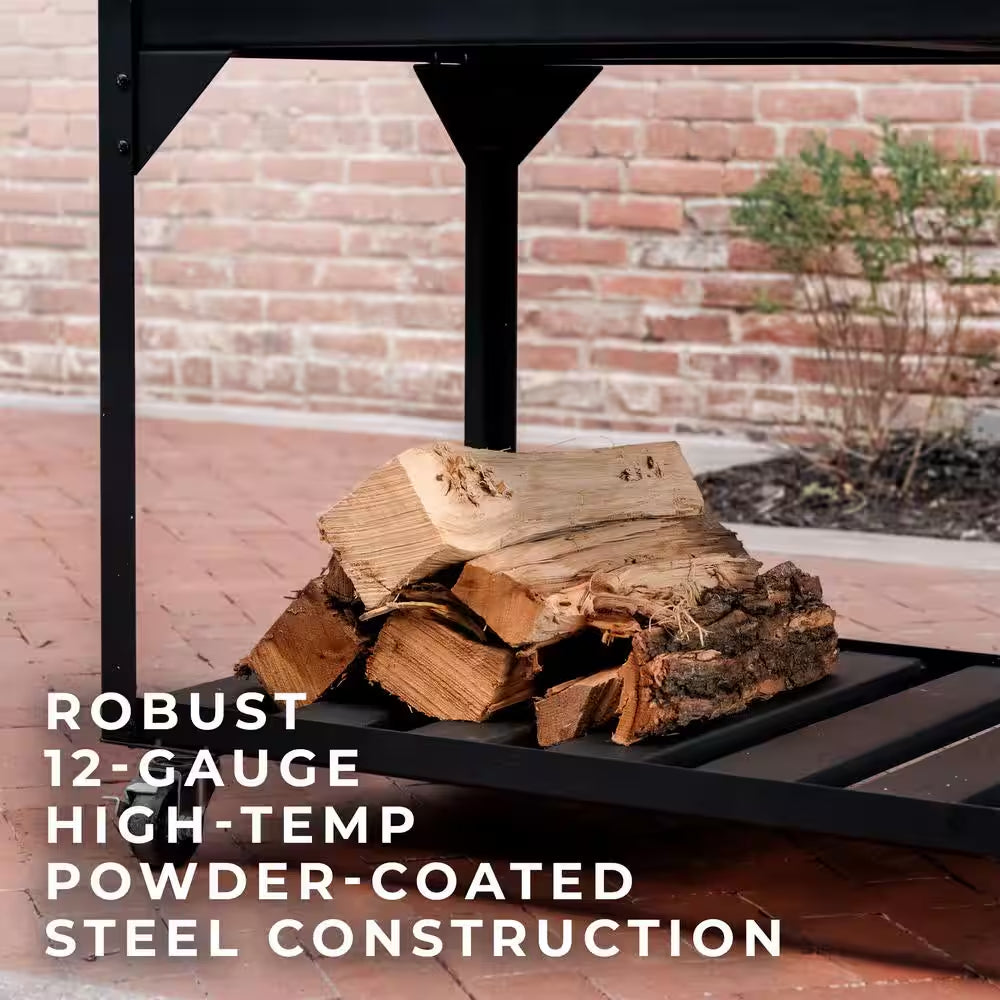 Santa Maria Argentine BBQ Charcoal Grill in Black with Acacia Wood Side Table, Stainless Steel Grate Frame & Cover