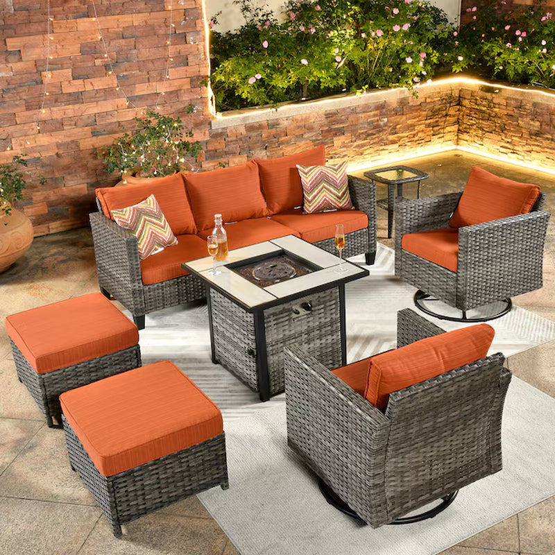 Lullaby 7 -Piece Rattan Patio Sofa Conversation Set with Gray Cushions