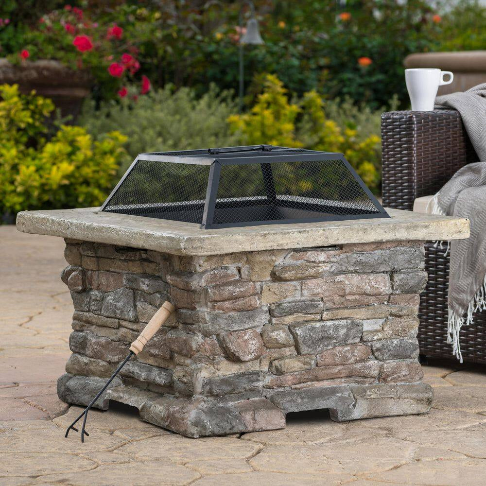 28.75 In. W X 22 In. H Stone Square Wood Burning Outdoor Fire Pit in Stone Gray