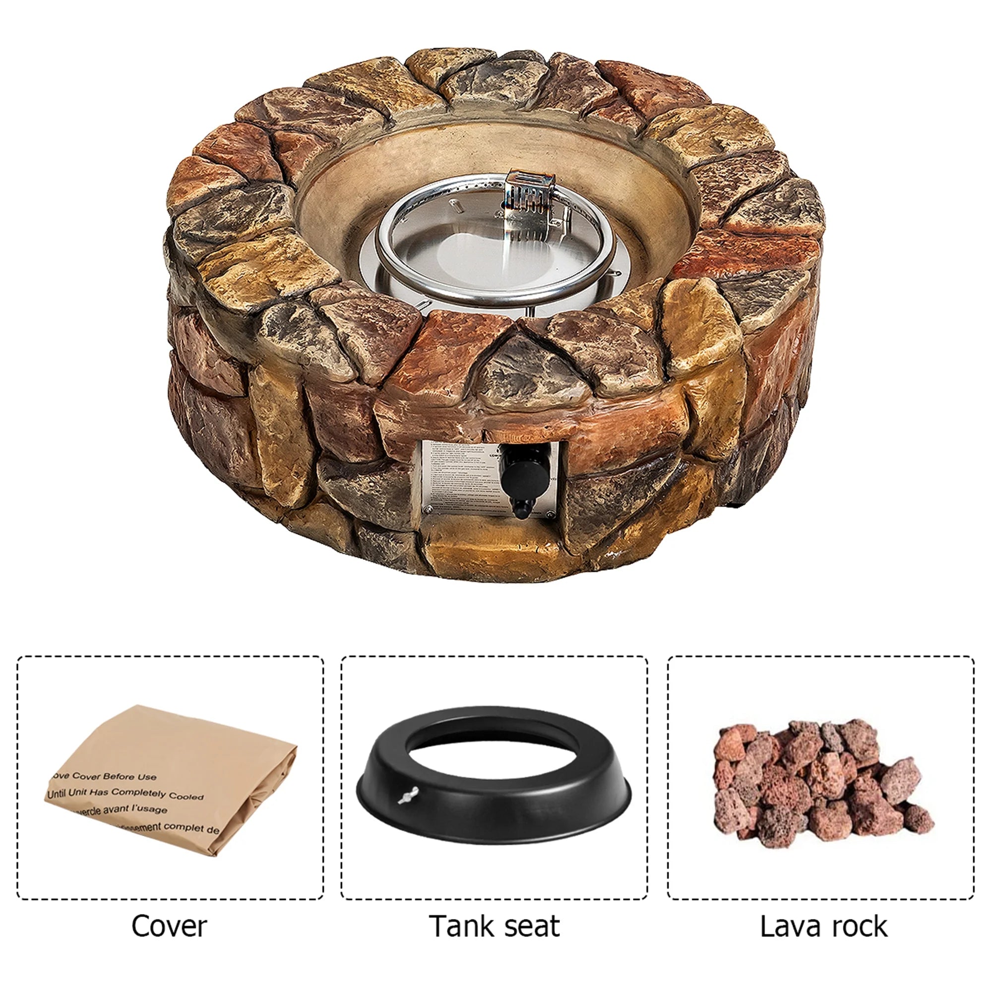 28-Inch Stone Gas Fire Pit 40,000 BTU Propane Patio Yard W/ Lava Rocks